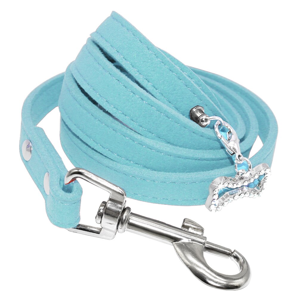 Zachte Suède Pet Hondenriem Katten Honden Wandelen Lead Touw Met Bling Strass Bone Hanger Huisdier Kat Kraag Riemen band: Blauw