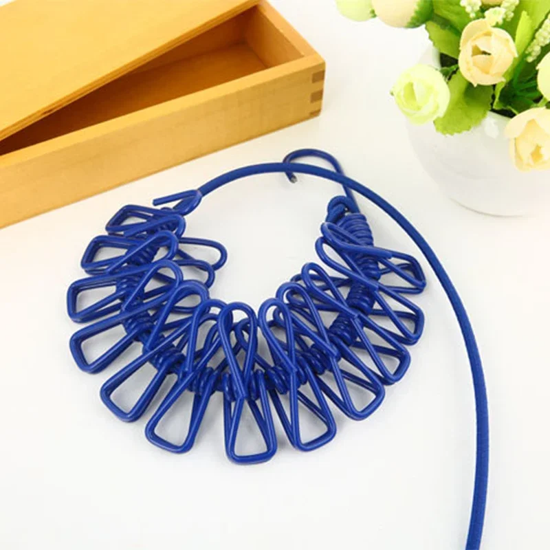 Portable Clothing Clothesline with 12 Clips Retractable Laundry Dryer Clothes Rope Drying Rack Cloth Hanging Line for Outdoor: Blue
