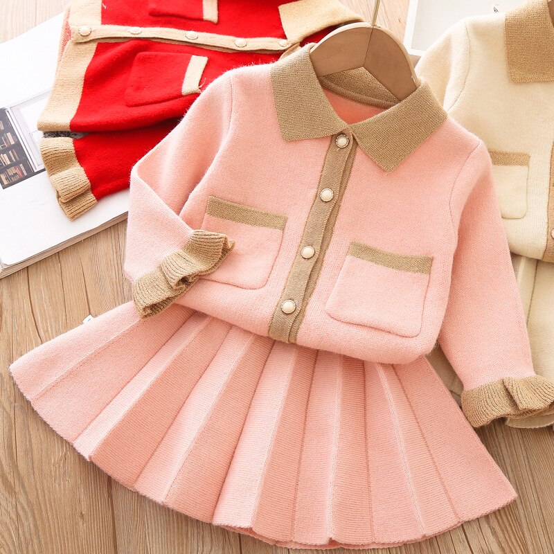 Conjunto de suéter para niña pequeña, Top de manga larga de coreana + Falda plisada, suéter para niña pequeña, ropa de otoño e invierno, novedad de 2022
