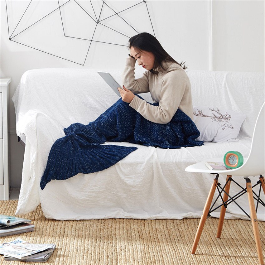 Rose pink Mermaid Tail Blanket Yarn Knitted Handmade Crochet Mermaid Blanket Kids Throw Bed Wrap Super Soft Sleeping Bed Blanket: Blue / 80X180cm