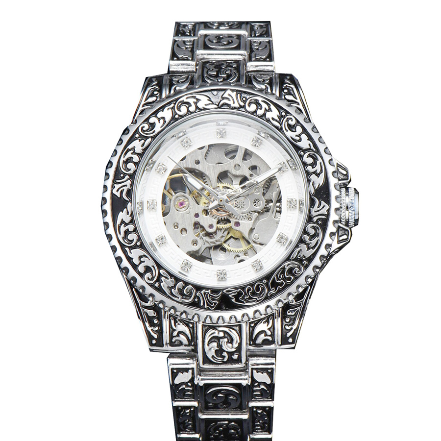 Reloj Automático LONGLUX, reloj mecánico retro de lujo, acero inoxidable tallado, resistente al agua, sin logotipo, reloj para hombre, para hombre: Blanco