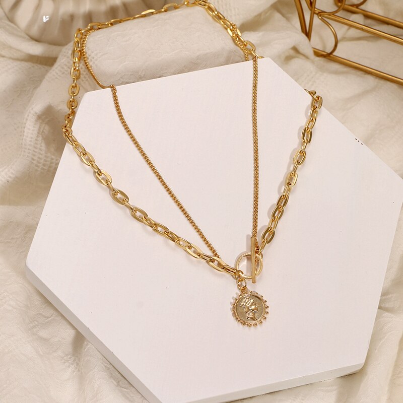 VKME Retro Coin Silver Gold Chain Necklace For Women Multi-layer Geometric Round Pendant Silver Choker Necklaces Jewelry: 5  VK30317