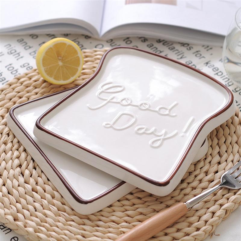 Ceramic Toast Shaped Dinner Plate Porcelain Bread Salad Dessert Plate Morning Dish for Kitchen Restaurant (Coffee)