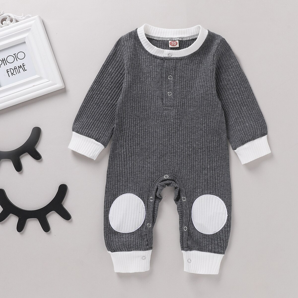 Mise au point automne bébé garçons barboteuse filles solide Patchwork manches longues bouton combinaisons 0-18M 4 couleurs