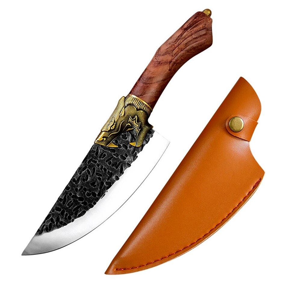 Knife Kitchen High Carbon Stainless Steel 5Cr1 5CoMov Chef Knife Set With Sheath Forged Meat Cleaver Dragon Decor: Knife C