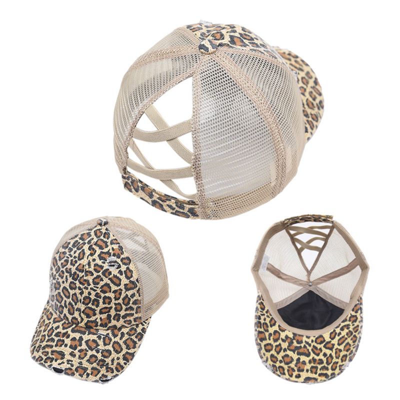 Women Distressed Washed Mesh Baseball Cap Leopard Camo Ponytail Band Trucker Hat: 2