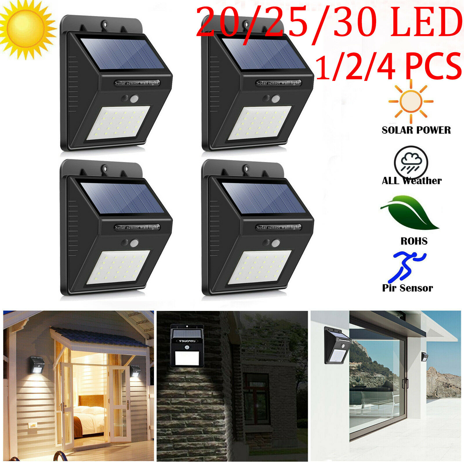 20/25/30 LED Solar Powered PIR Motion Sensor Light Outdoor Garden Wall Lamps IP65 Waterproof Outdoor Led Sun Powered