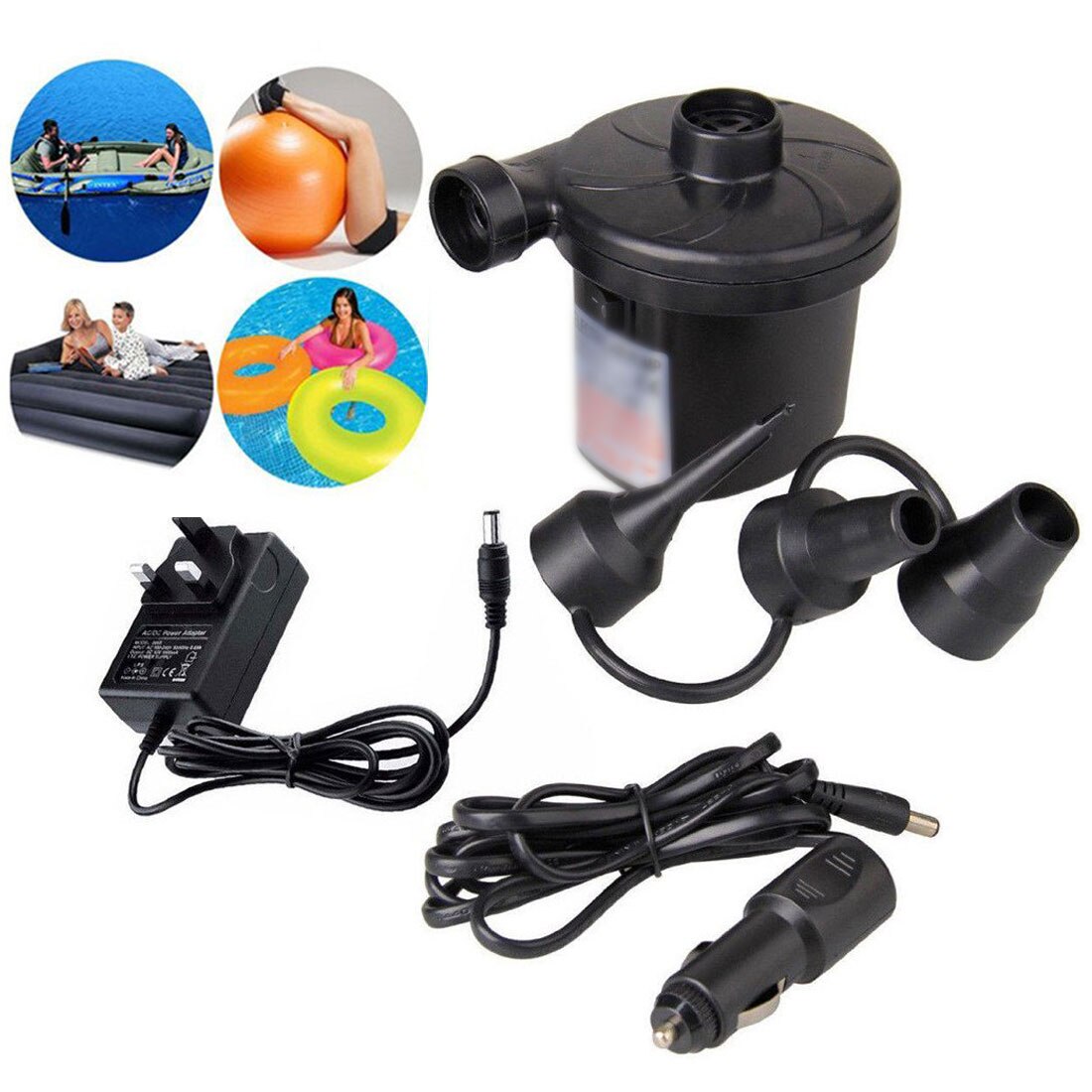 12V Air Mattress Camping Pump Car Electric Inflatable Pump Portable Car Air Compressor Pump Inflatable Boat Pump with 3 Nozzles
