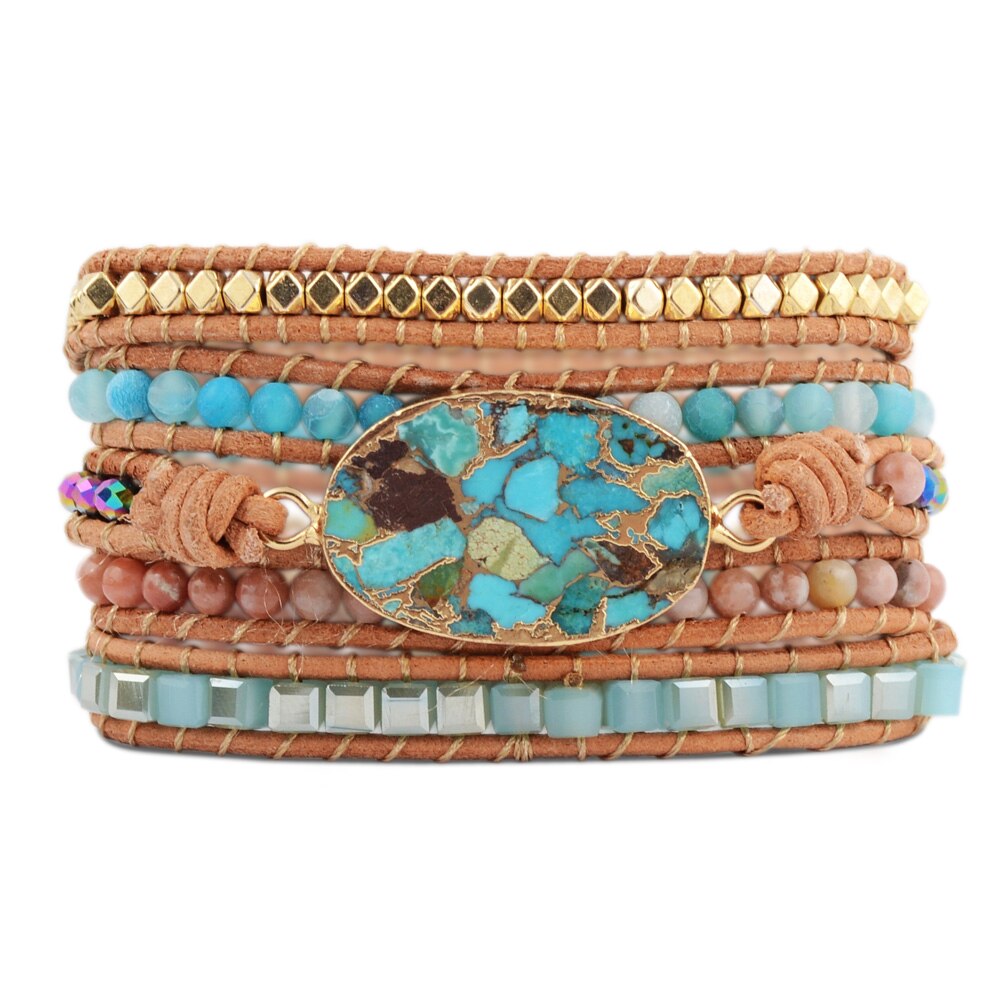 Unieke Gemengde Vergulde Stenen Charm 5 Strengen Wrap Armbanden Handgemaakte Turkoois Boho Armband Vrouwen Lederen Armband: Gold-Color