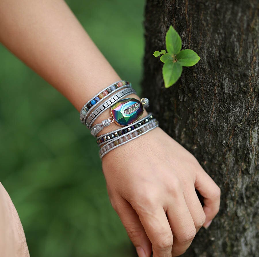 Moda pulseiras pulseiras designer pulseira de couro natural pedras mix 5 fios tecido envoltório boêmio pulseiras dropship