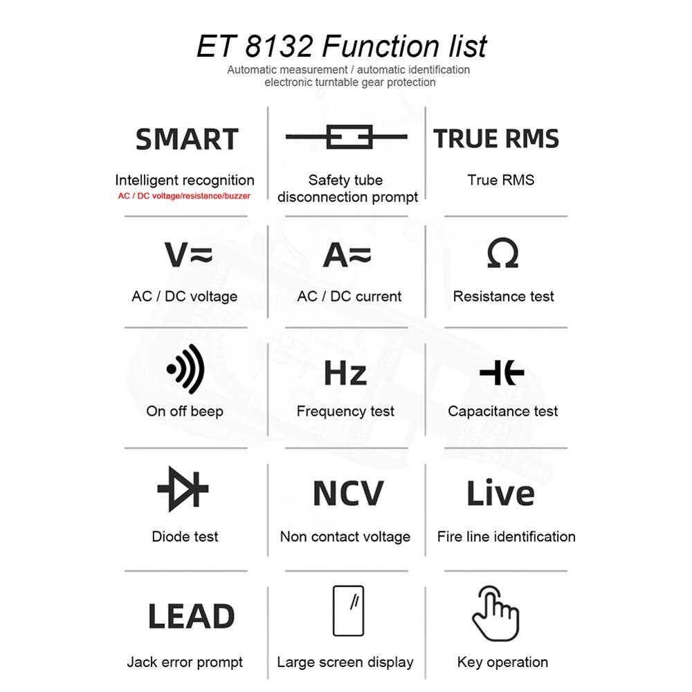 TOOLTOP ET8132 Digital Multimeter High Accuracy LCD Screen Digital Multimeter AC/DC Voltage Current Resistance Capacitance Meter