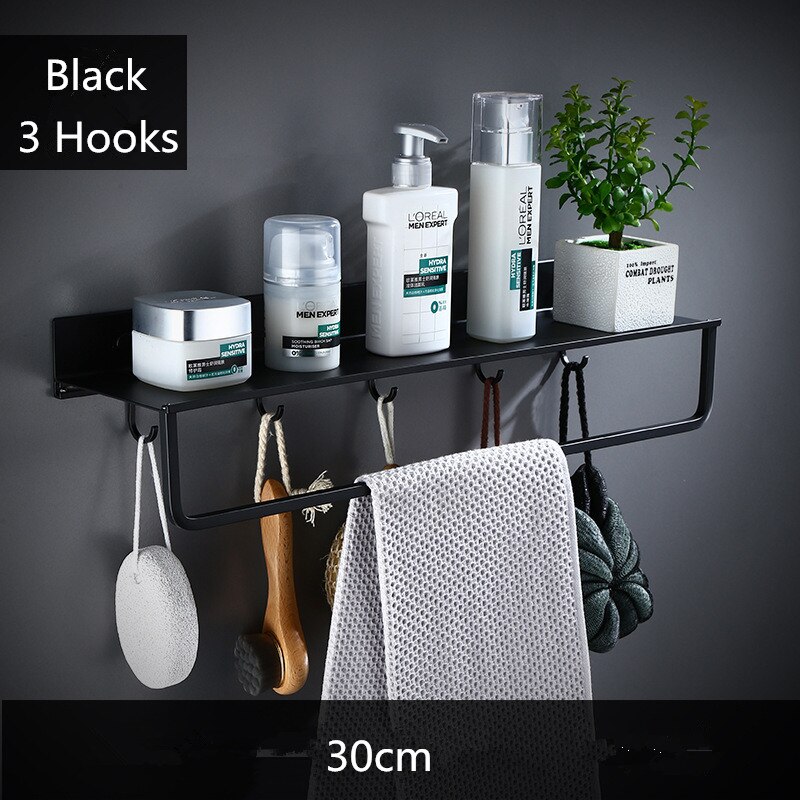 Zwarte Badkamer Planken Keuken Plank Met Haken Wandplank Douche Opbergrek Handdoek Bar Badkamer Accessoires 30-50 Cm lengte: 30cm bar hook
