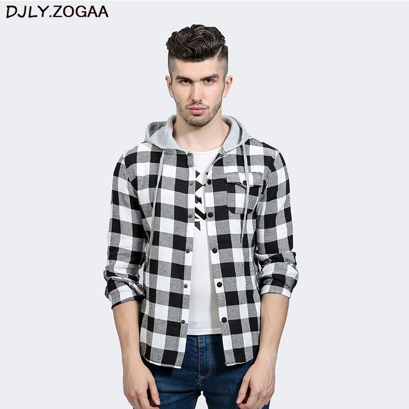 Camisas casuales a cuadros para hombre, camisas ajustadas de manga larga con capucha, estilos de algodón ajustados, ropa de marca para hombre, tops a cuadros cálidos de otoño de talla grande.