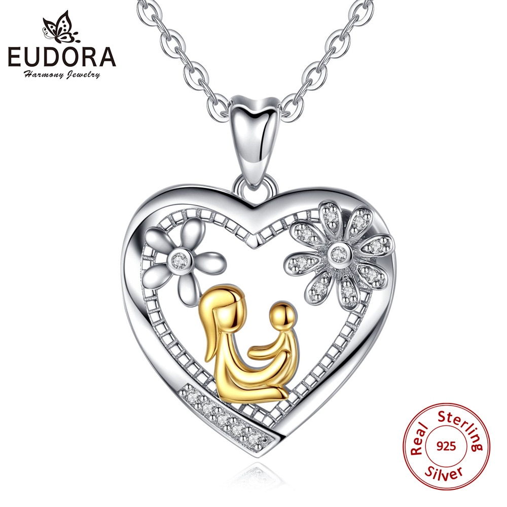 EUDORA-collar de plata de ley 925 con colgante para madre, collar con colgante para mamá y niño, joyería fina para mujer, para madre, dije de flor de corazón D59