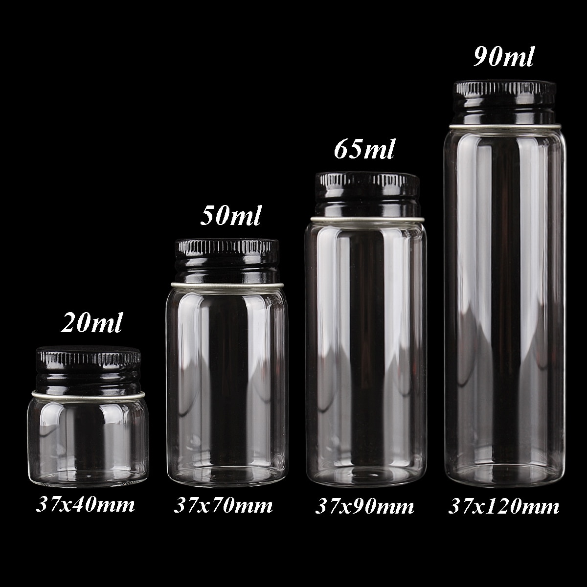 20 Ml 50 Ml 65 Ml 90 Ml Glazen Flessen Met Zwarte Aluminium Deksels Diameter 37 Mm Glazen Flessen 15 stuks