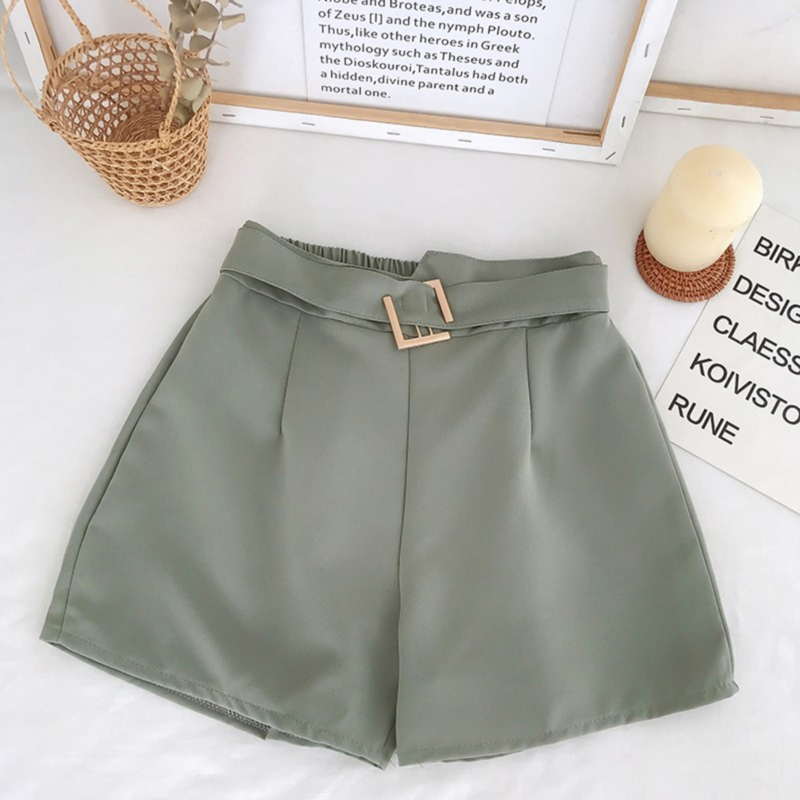 Coréen bref femmes Shorts jambe large avec ceinture noir costume Shorts solide élastique taille haute jaune 5 couleurs: green / M