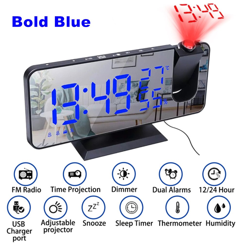 Led Spiegel Screen Projectie Wekker Weerbericht Radio Thermo-Hygrometer Digitale Klok Moderne Kantoor Slaapkamer Desktop Decoratie: A-Bold Blue