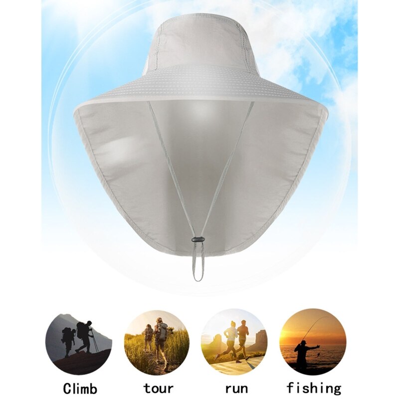 Sombrero de ala ancha con protección solar para hombre, gorro con cuerda para el cuello, protección UV, ala ancha, agujero de malla, redondo, para pesca y senderismo