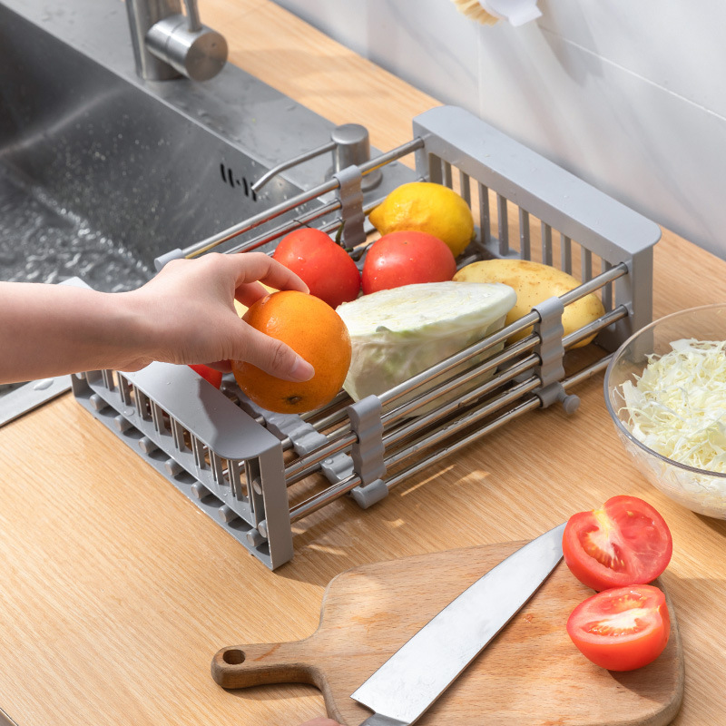 Kitchen Sink Drain Rack Stainless Steel Extendable Dish Drying Rack Drain basket Fruit Vegetable Washing Drainer Storage rack