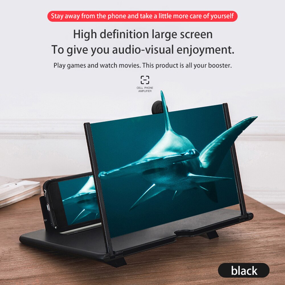 12 inch 3D Mobile Phone Screen Magnifier HD Video Amplifier Stand Bracket with Movie Game Magnifying Folding Phone Desk Holder: Black