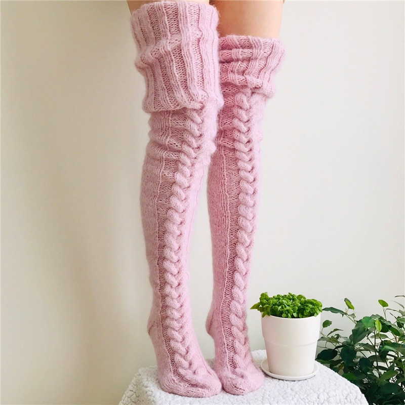 Fall Winter Warm Knittet Thick Women Stockings Floral Pure Color Loose Causal Stockings Knee Length Stockings 7 Colors