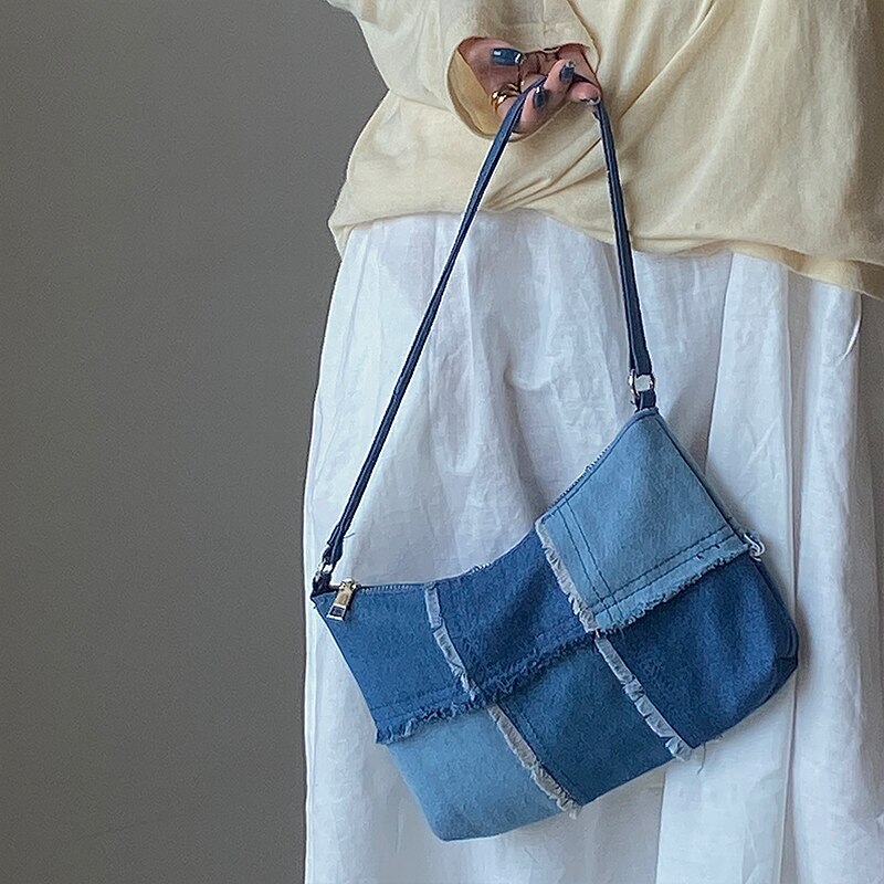 Vintage denim costura feminina underarm saco moda senhoras contraste cor pequenos sacos de ombro feminino axila saco baguette bolsas