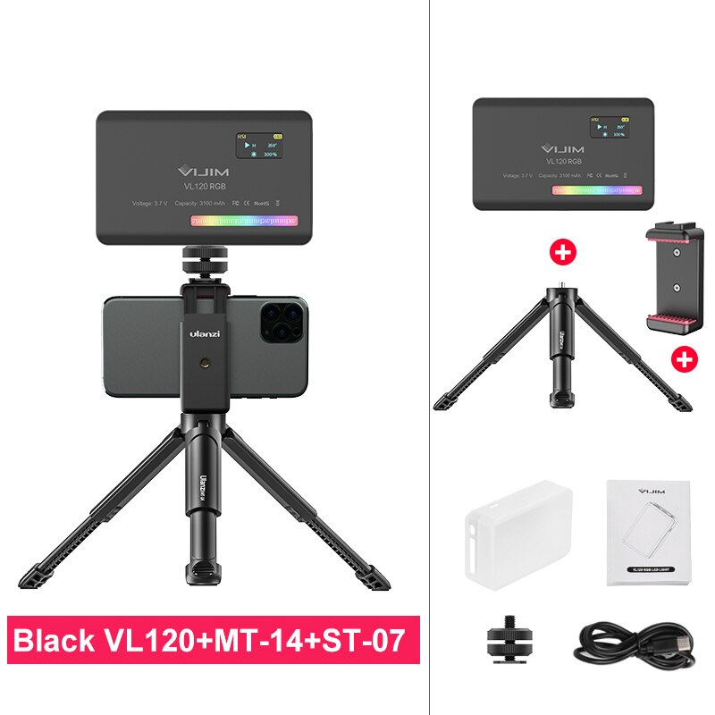 Ulanzi VL120 RGB Compact Video Light with Display Screen Diffuser Mini Camera RGB Light Smartphone Selfie Lighting 3100mAh: Phone Mount