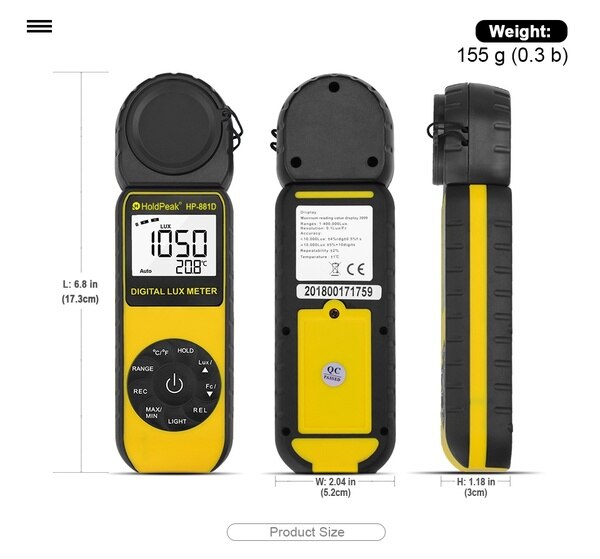 HP-881D Digital Illuminance Light Meter, 0.01~400,000 Lux Foot Candles Luxmeter with 270º Rotated Sensor Light Tester