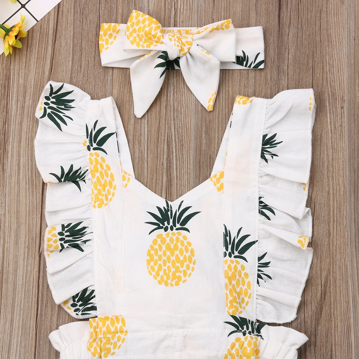 Baby Summer Clothing Newborn Baby Girl Boy Pineapple Romper Ruffle Sleeve Yellow Jumpsuit Headband Outfit Set 0-24M