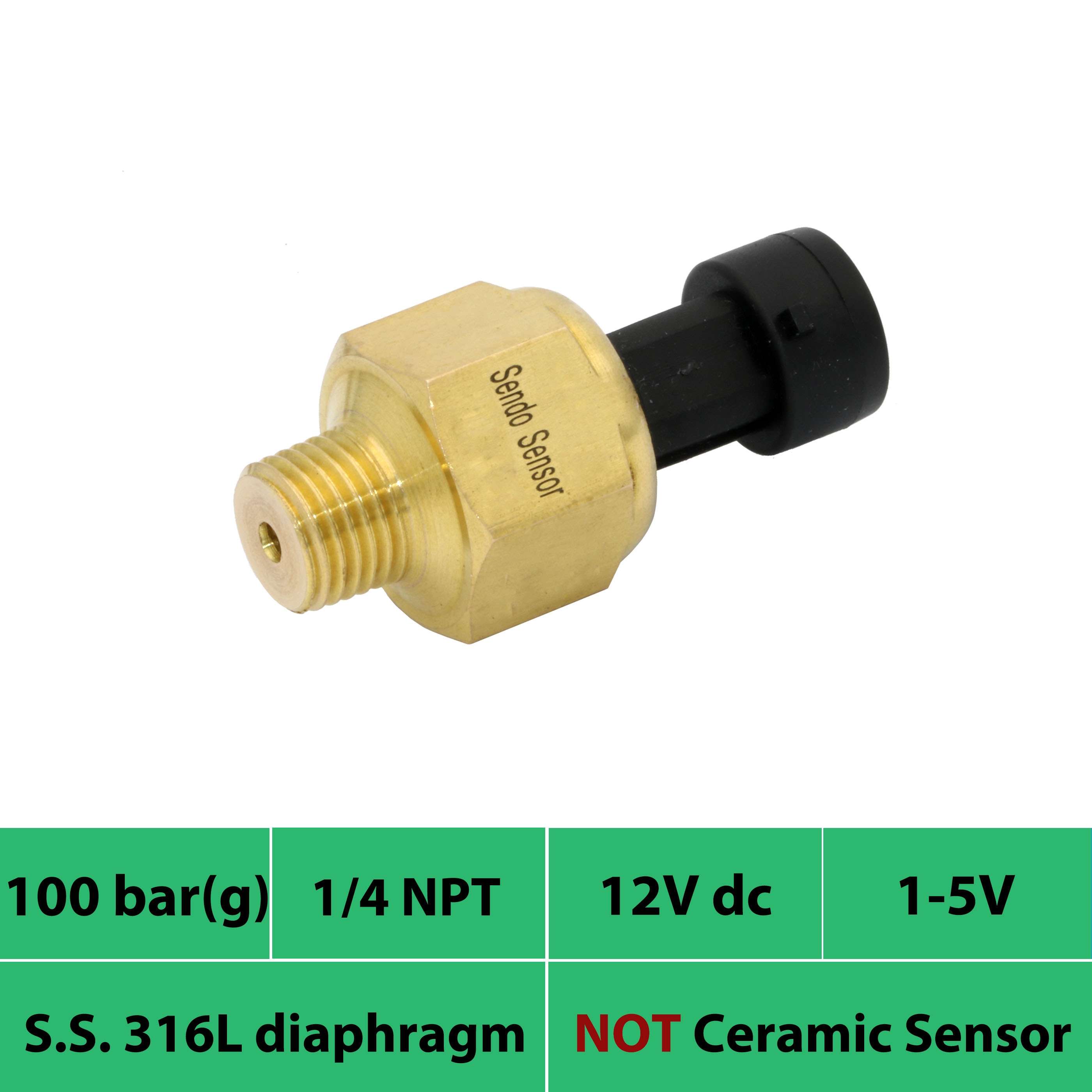small size pressure transmitter, 0 100 bar, 10 Mpa gauge, 1 5 V signal, 12V, 24V dc power, 316L AISI diaphragm, 1 4 NPT thread