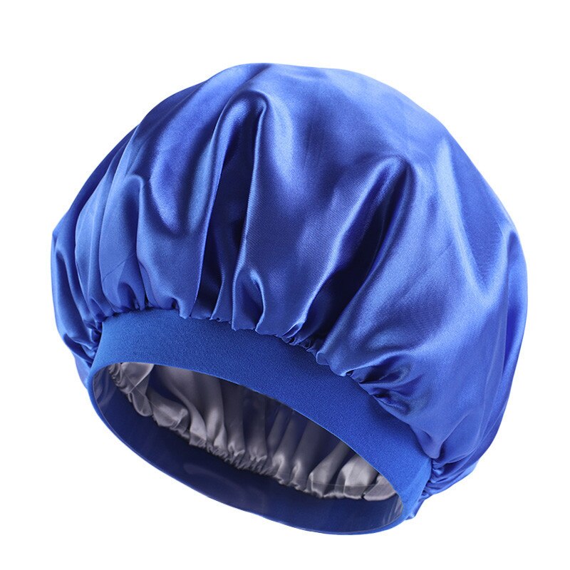 Oversized Double-layer Shower Cap, Stretch Wide-brimmed Satin Night Cap, Turban Cap: Sapphire