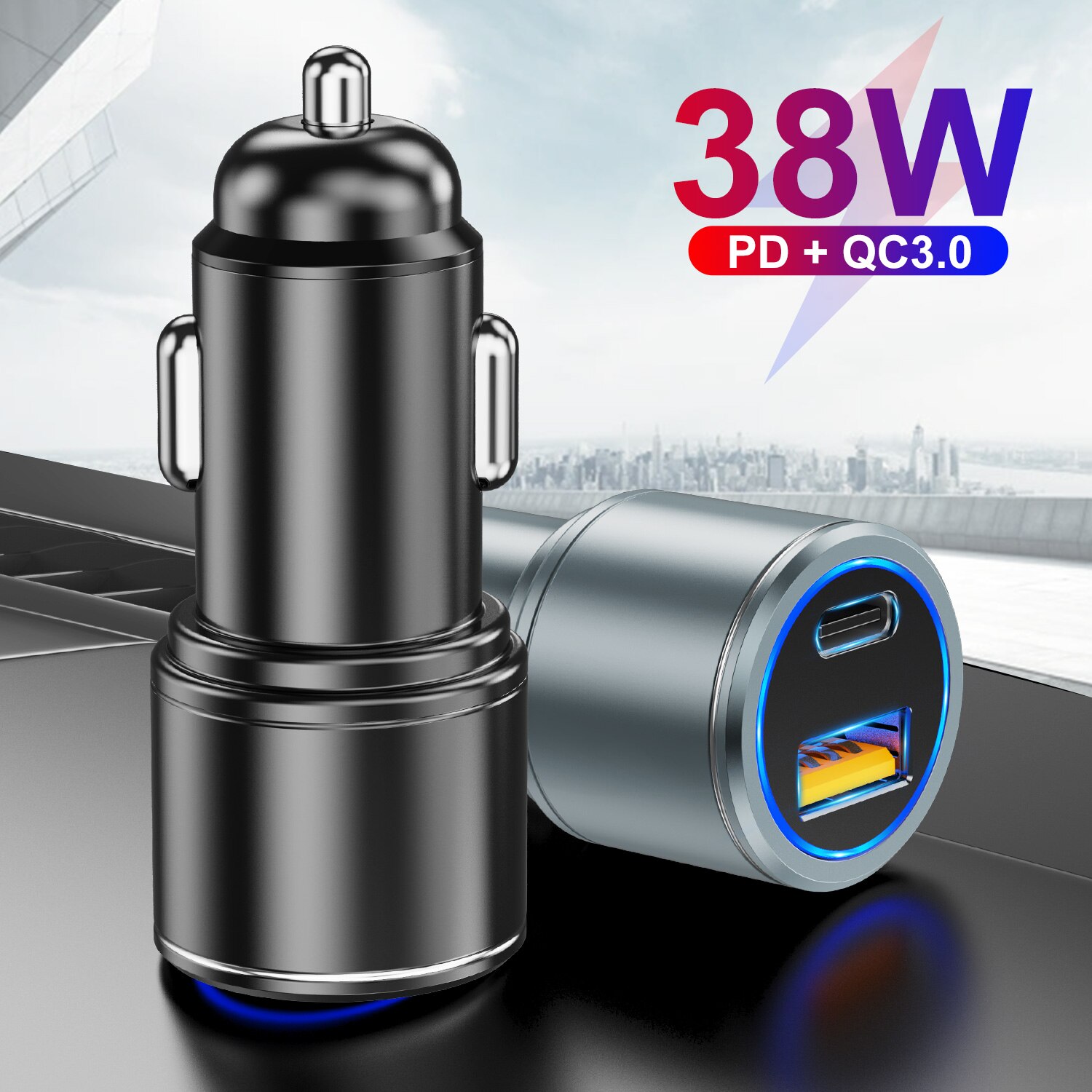38w usb car charger fast charging type-c qc  pd 3,0 fast charging car phone charger for iphone 13 12 pro max 11 xiaomi