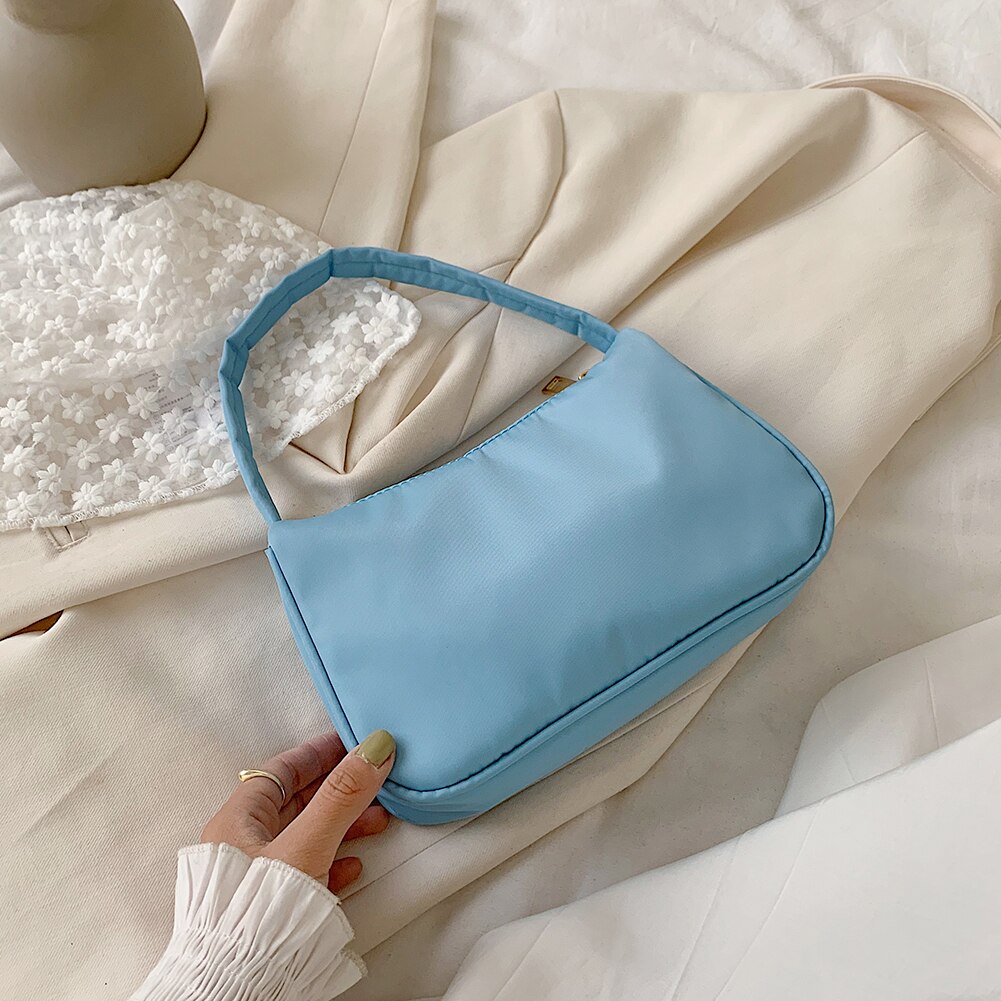 Prachtige Boodschappentas Eenvoudige Nylon Vrouwen Onderarm Schoudertas Purse Kleine Lady Solid Reizen Handtassen: Blauw