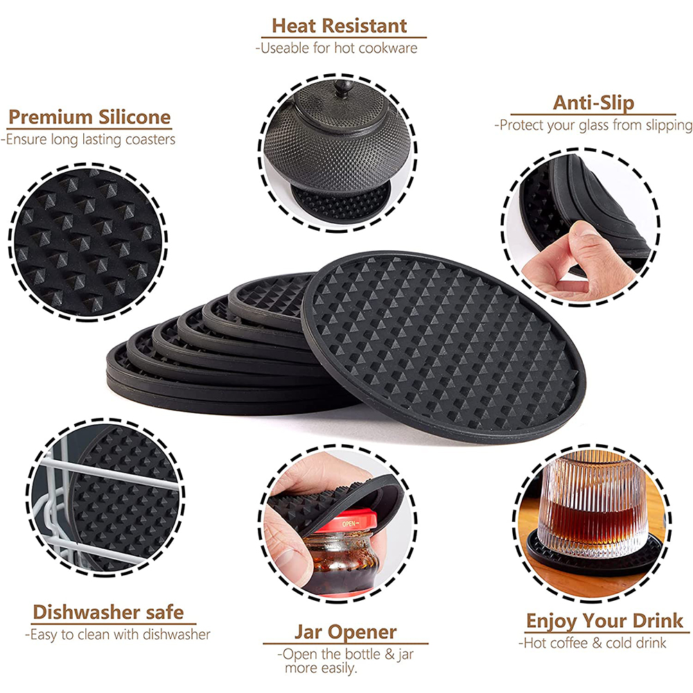 Posavasos de silicona para bebidas con soporte, tapete para secar platos y tazas resistente al calor, protección de mesa, posavasos antideslizantes para bebidas, 6/7 Uds.