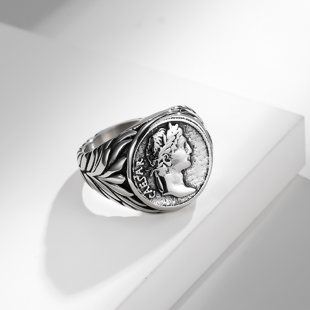 Anillo Vintage de imperio romano para hombre, joya de acero inoxidable con cabeza de Caesar, Color plateado, dorado