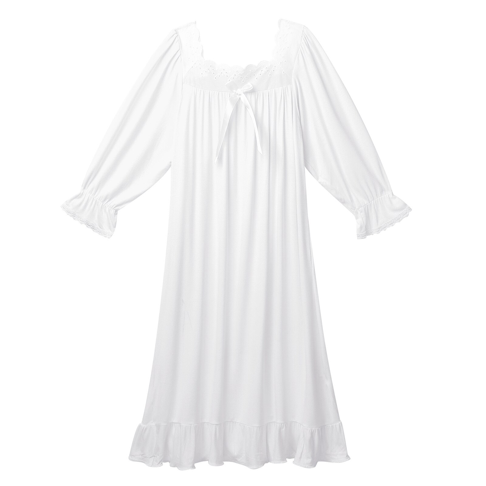 Barn flickor sovklänning prinsess nattlinne nattkläder pyjamas fyrkantig hals långärmad bomull spets volang nattrock: Vit / 110