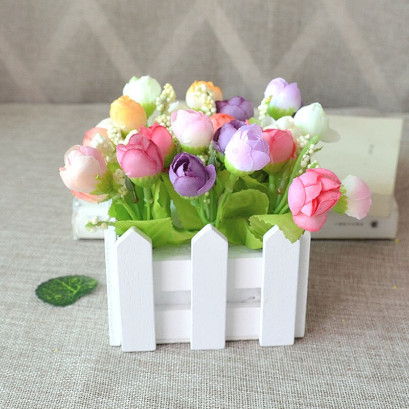 1 sett tregjerdevase + blomsterrose og tusenfryd silke kunstige blomster hjemmedekorasjon hageinnredning bursdag