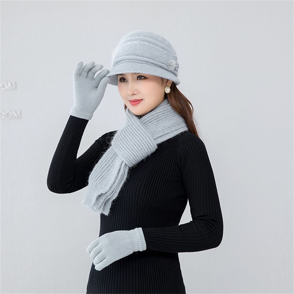 2/3pcs/Set Ladies Warm Thick Women Hat Scarf Set Knitted Beanies Caps Winter Hats Knitted Gloves Winter Hats: grey-3pcs