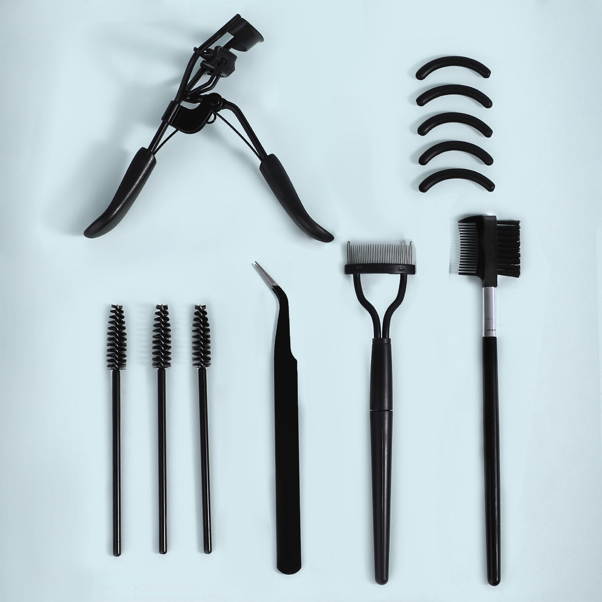 Wimpern mit 5 Silikonpads, 1 doppelseitiger Augenbrauen- und Wimpernkamm, 1 Wimpernstahlkamm, 1 Wimpernpinzette und 3 Spiralkämme