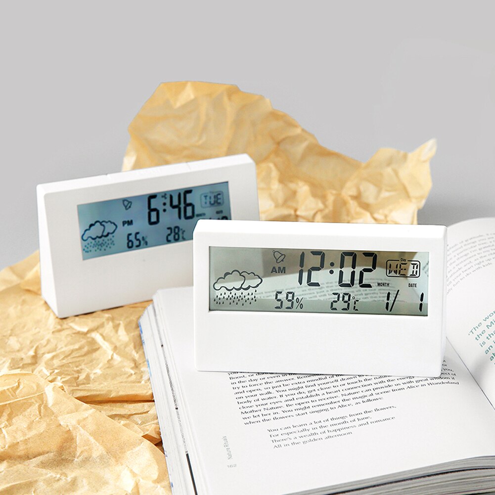 Japanese Simple Style Digital Alarm Clock Modern White Electronic Clock Temperature Humidity Clock Students Desktop Room Bedside