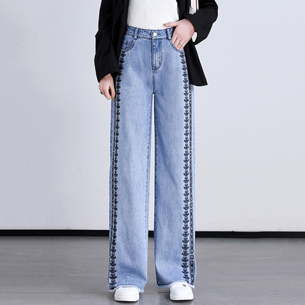 Pantalones vaqueros de pierna ancha con bordado para mujer, Vaqueros holgados de talla grande con borde suave en bruto, cintura Extra larga, 2022