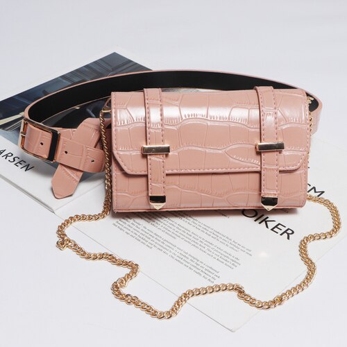 Chic Style CROCO modèle taille Packs rose bleu détachable Faux cuir taille ceinture téléphone sac femmes longue chaîne sac de messager: Rose