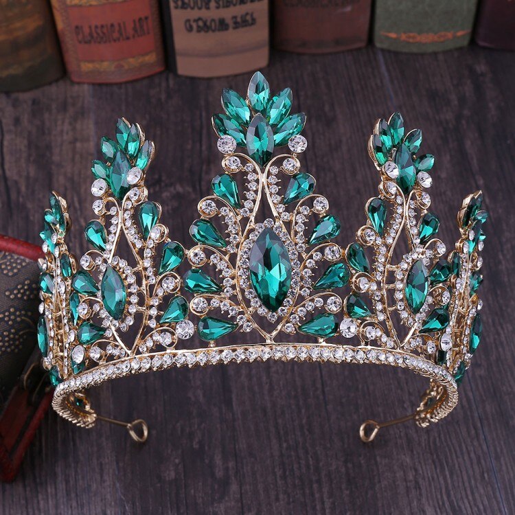 Barok luksus krystal stor brude tiaras krone rhinestone festtøj diadem pandebånd bryllup hår tilbehør tiara de noiva: Guldgrøn