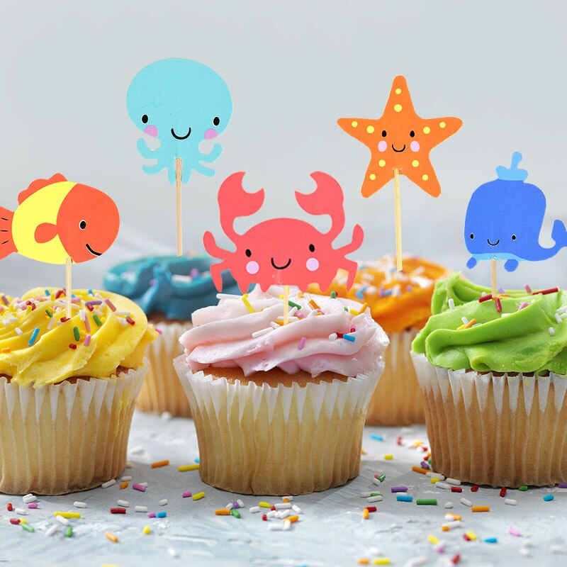 24 pçs oceano animal cupcake toppers sob o mar festa bolo bandeiras menino chá de fraldas tema sereia festa de aniversário bolo decorações