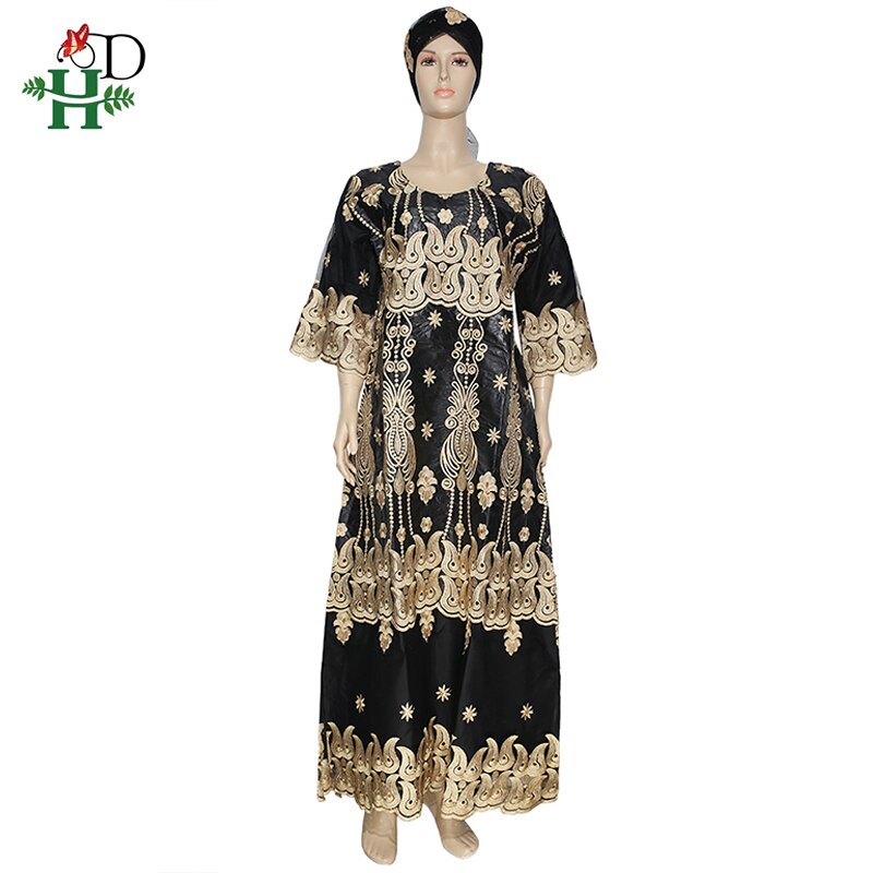 H & D-robe en dentelle d'afrique du sud, Riche Bazin, longue, brodée Dashiki avec couvre-chef, vêtements de fête nigérians africains, collection: Black / XXL