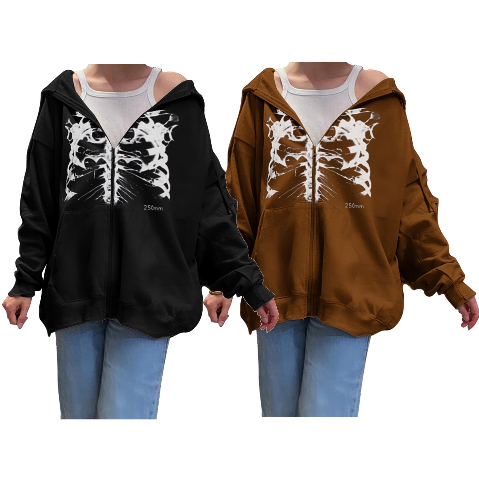Y2K Esthetische Skull Gothic Jas Vrouwen Hooded Sweater Skelet Print Lange Mouwen Vintage Vest Met Trekkoord Zak