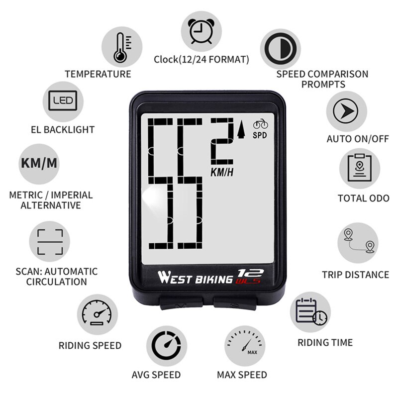 WEST BIKING Wireless Bicycle Computer Large Digital Bike Computer Odometer Speedometer Bike Thermometer Waterproof LCD Backlight