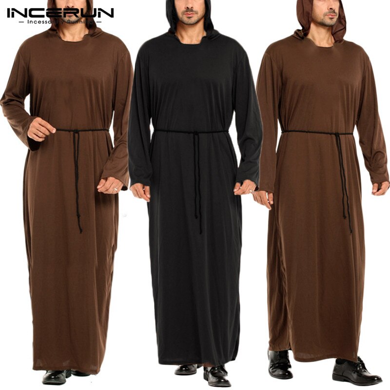 Heren gewaden cosplay kostuum met kap kerk effen kleur lange mouwen kaftan priester herenkleding cosplay zachte gewaden zonder riem incerun 7