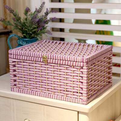Rustieke Geweven Mand Papier Opbergdoos Met Deksel Handgemaakte Home Organisatie En Opslag Gebreide Desktop Rieten Manden: purple white strip / 30x20x13cm