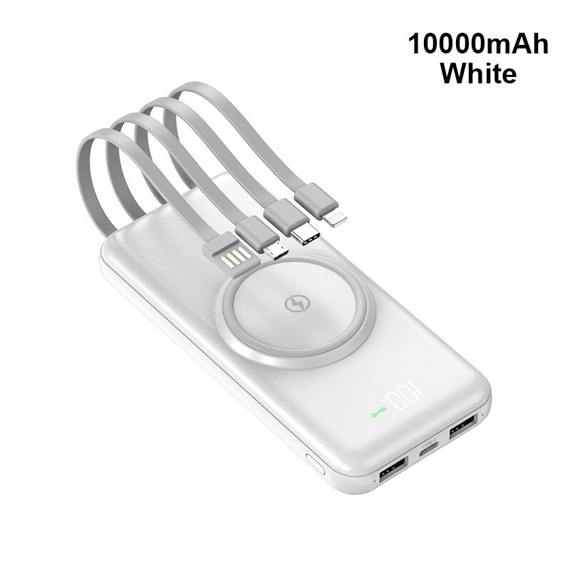 Pinzheng 20000Mah Draadloze Power Bank Ingebouwde 4 Kabels Powerbank Draagbare Externe Batterij Oplader Voor Iphone 12 Pro xiaomi 10: White 10000mAh